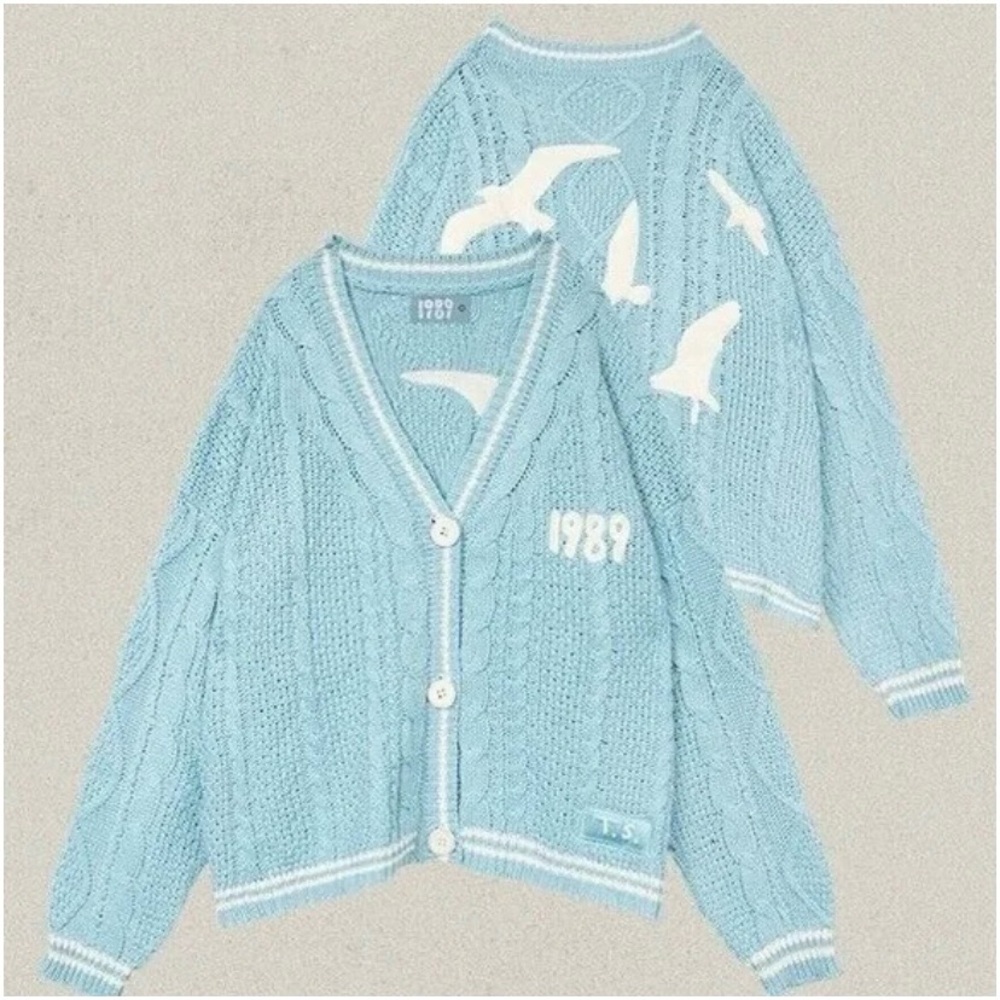 Taylor Swift Light Blue and White Cable Knit 1989 Cardigan